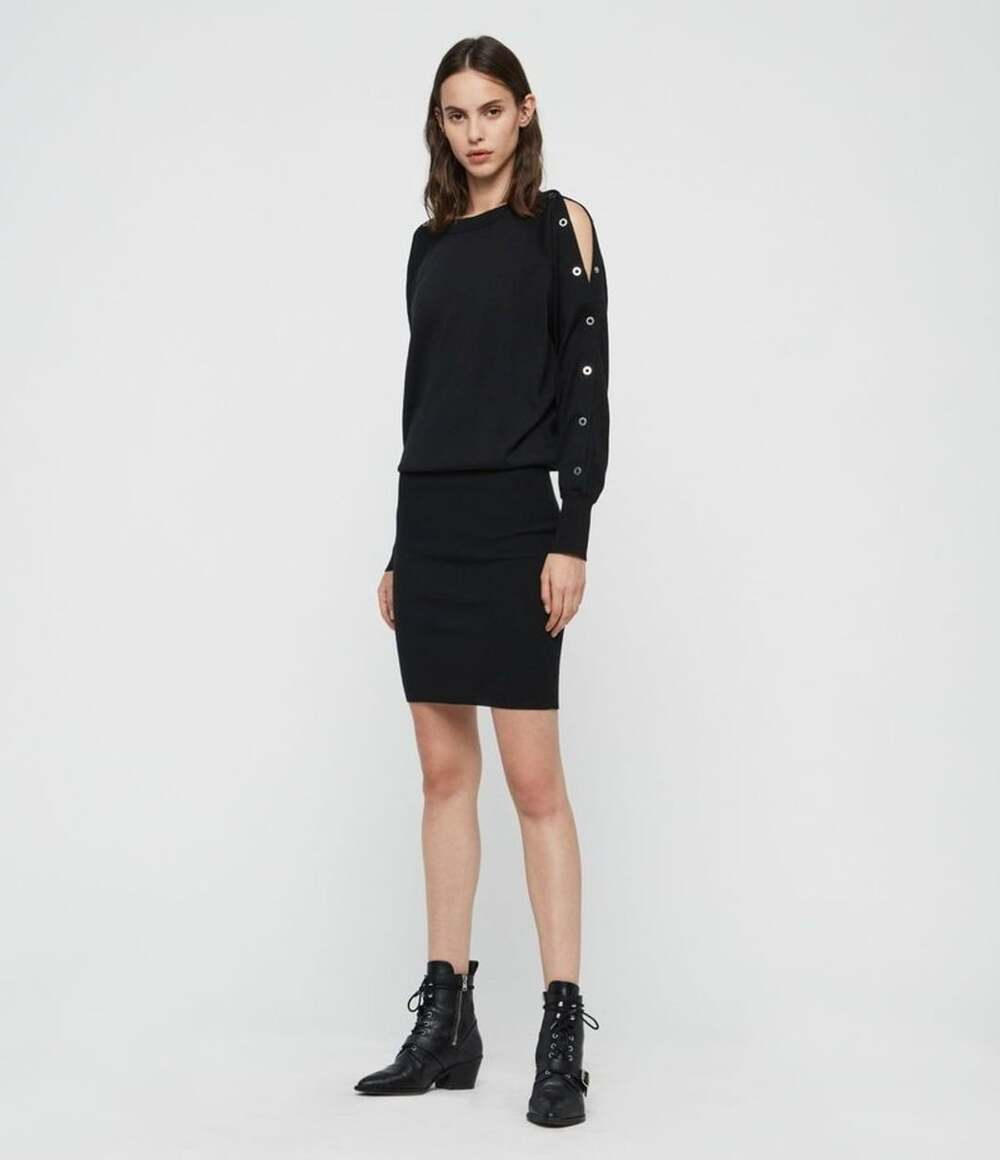 AllSaints Suzie Eyelet Black Knit Mini Dress Size Small